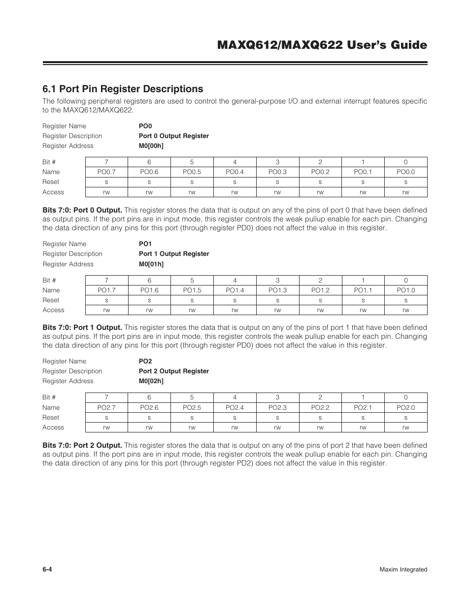 1 port pin register descriptions, 6 .1 port pin register descriptions -4 | Maxim Integrated MAXQ622 User Manual | Page 106 / 255