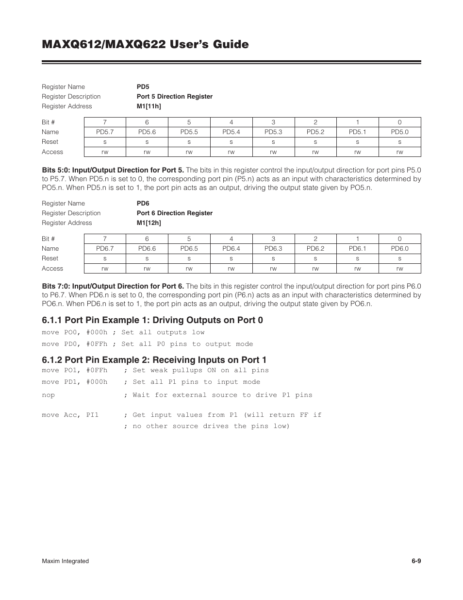 1 port pin example 1: driving outputs on port 0, 2 port pin example 2: receiving inputs on port 1 | Maxim Integrated MAXQ622 User Manual | Page 111 / 255