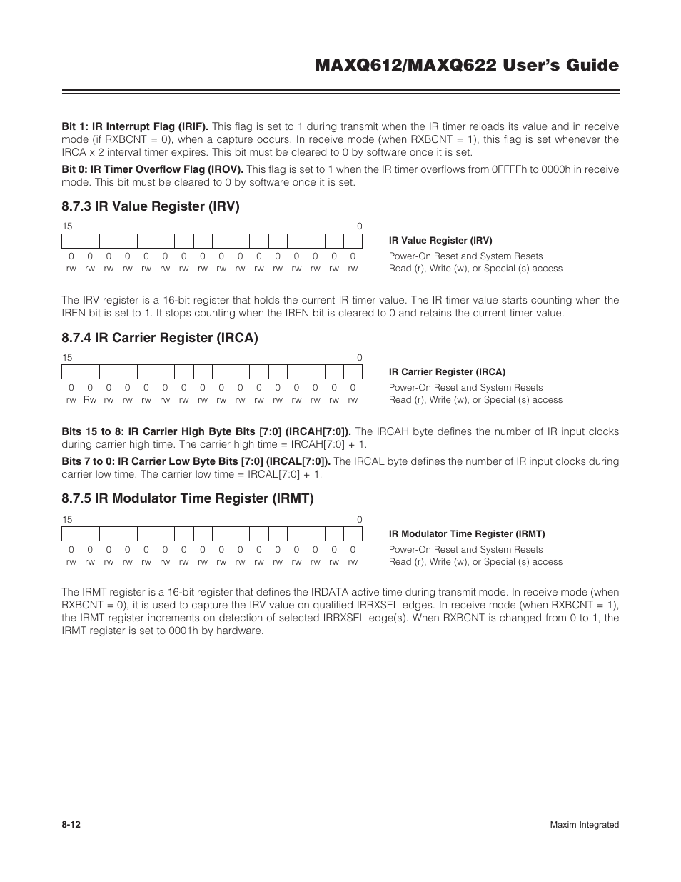 3 ir value register (irv), 4 ir carrier register (irca), 5 ir modulator time register (irmt) | Maxim Integrated MAXQ622 User Manual | Page 136 / 255