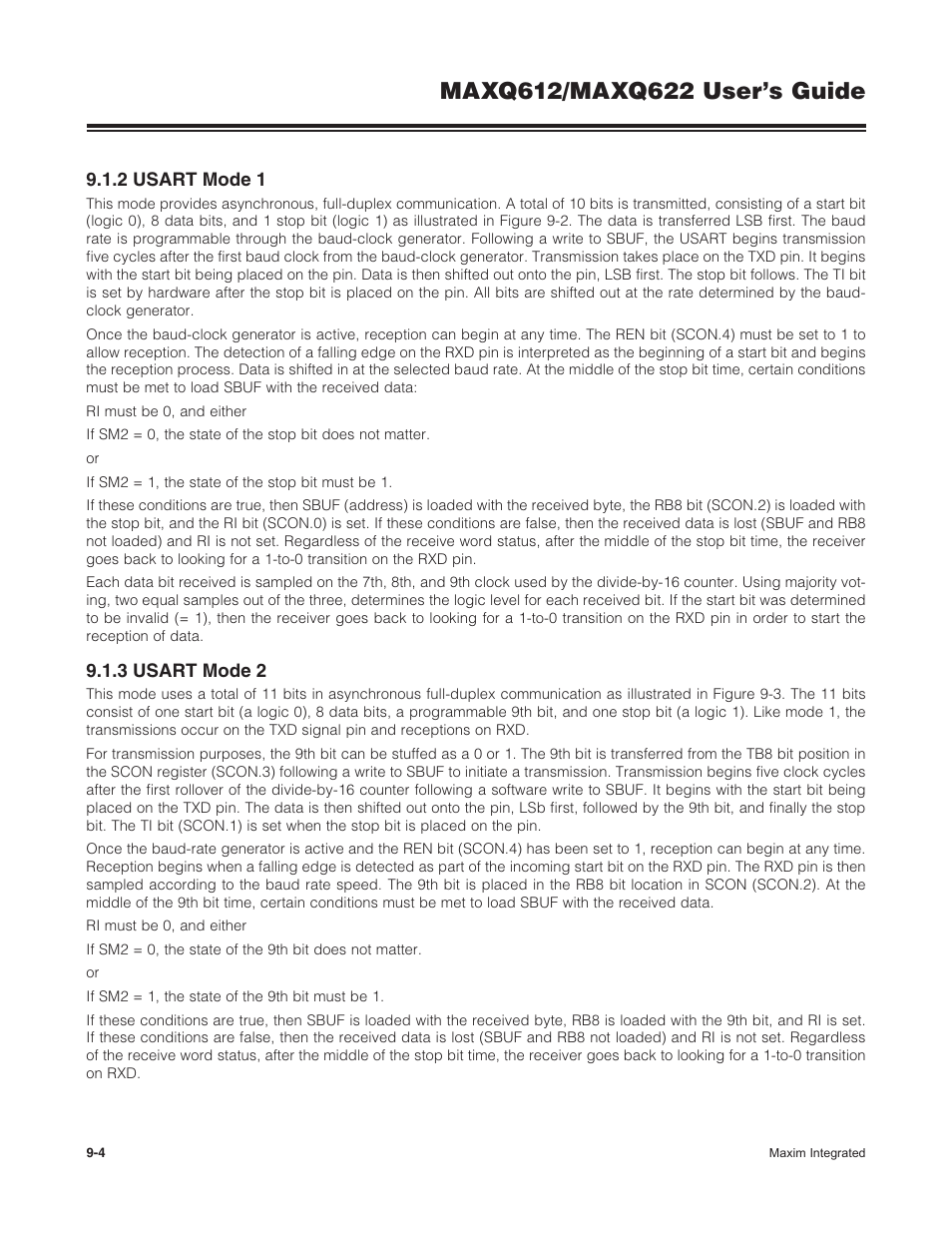2 usart mode 1, 3 usart mode 2, 9 .1 .2 usart mode 1 -4 9 .1 .3 usart mode 2 -4 | Maxim Integrated MAXQ622 User Manual | Page 140 / 255