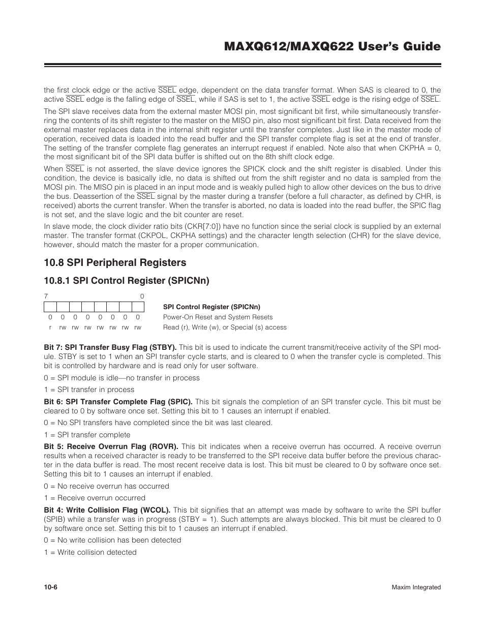 8 spi peripheral registers, 1 spi control register (spicnn), 10 .8 spi peripheral registers -6 | 10 .8 .1 spi control register (spicnn) -6 | Maxim Integrated MAXQ622 User Manual | Page 153 / 255