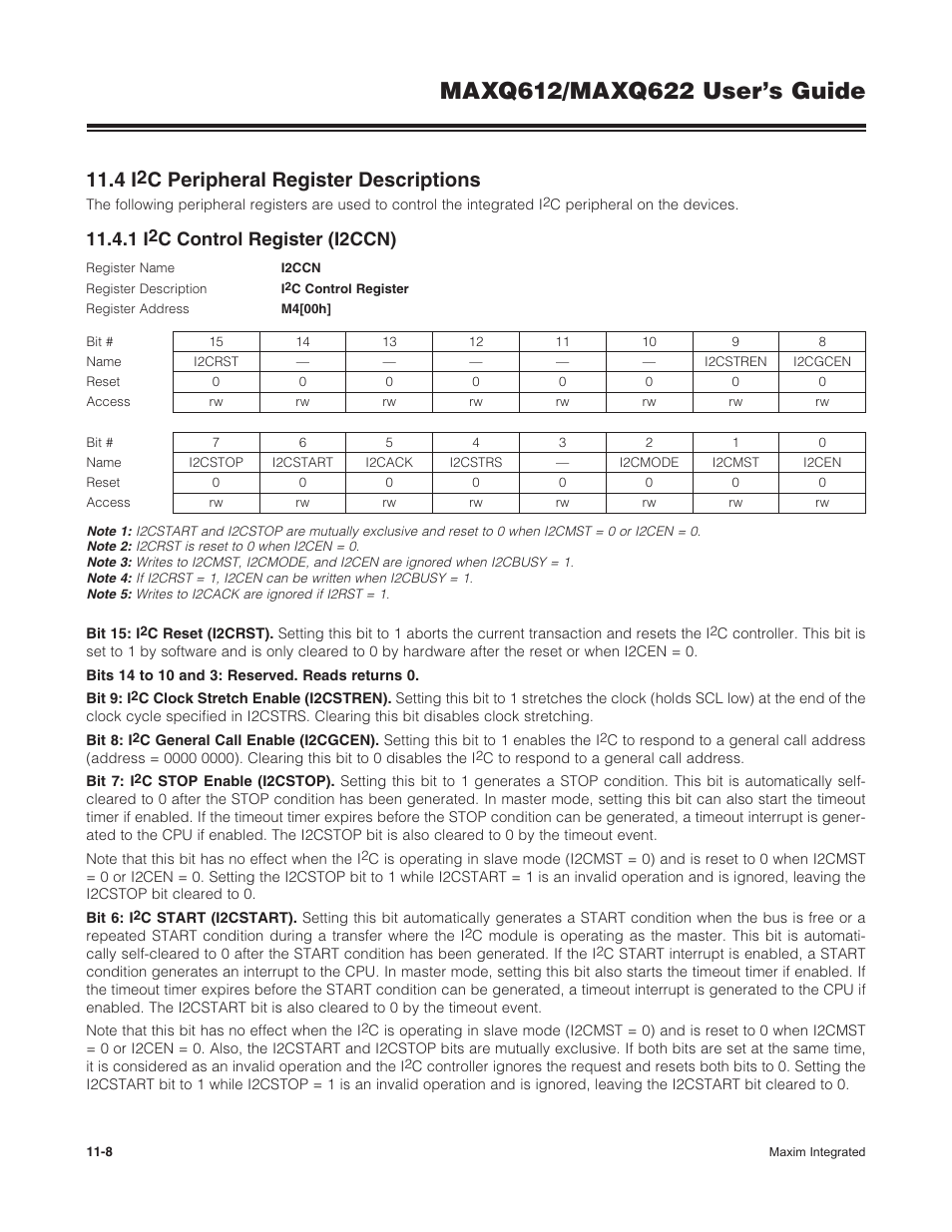 4 i2c peripheral register descriptions, 1 i2c control register (i2ccn), 11 .4 i | C peripheral register descriptions -8, 11 .4 .1 i, C control register (i2ccn) -8, C peripheral register descriptions, C control register (i2ccn) | Maxim Integrated MAXQ622 User Manual | Page 163 / 255