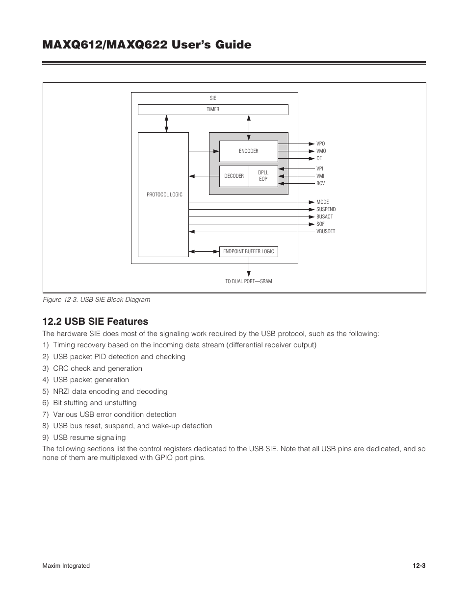 2 usb sie features, 12 .2 usb sie features -3, Figure 12-3 . usb sie block diagram -3 | Maxim Integrated MAXQ622 User Manual | Page 173 / 255