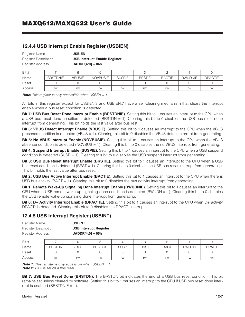 4 usb interrupt enable register (usbien), 5 usb interrupt register (usbint) | Maxim Integrated MAXQ622 User Manual | Page 177 / 255