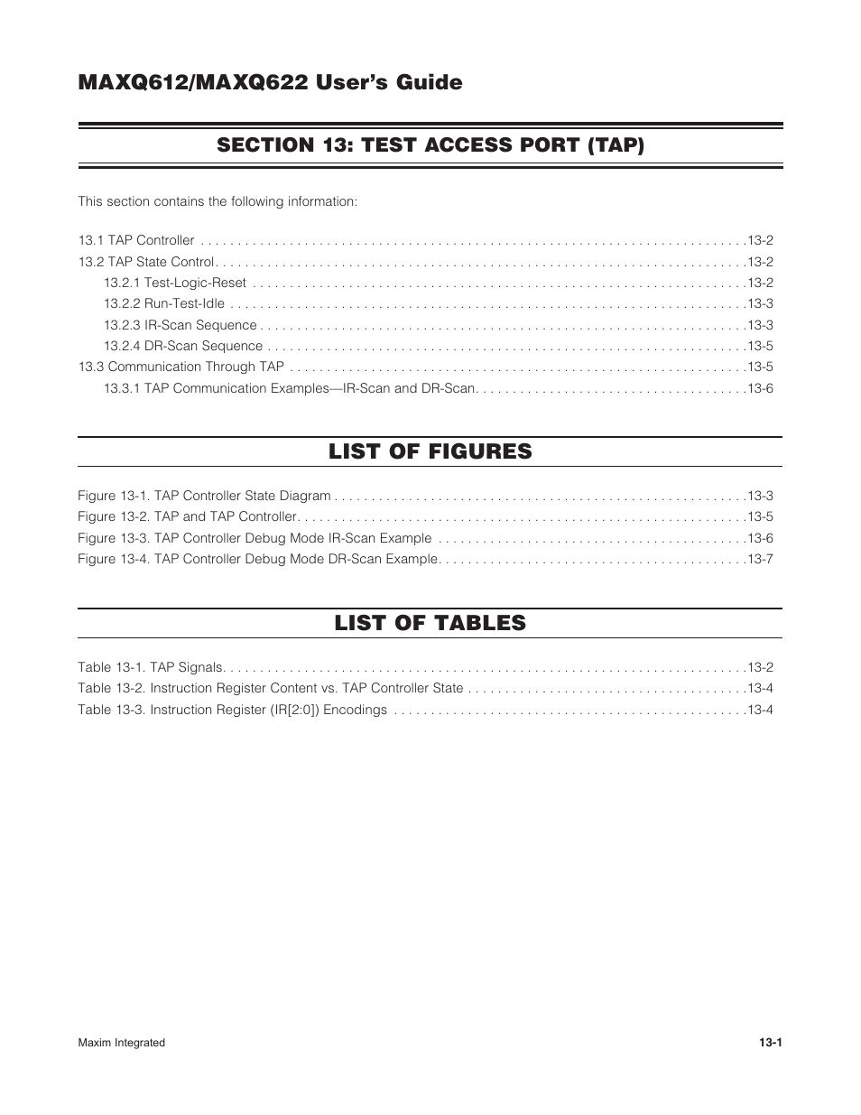 Section 13: test access port (tap), Section 13: test access port (tap) -1, List of figures | List of tables | Maxim Integrated MAXQ622 User Manual | Page 188 / 255