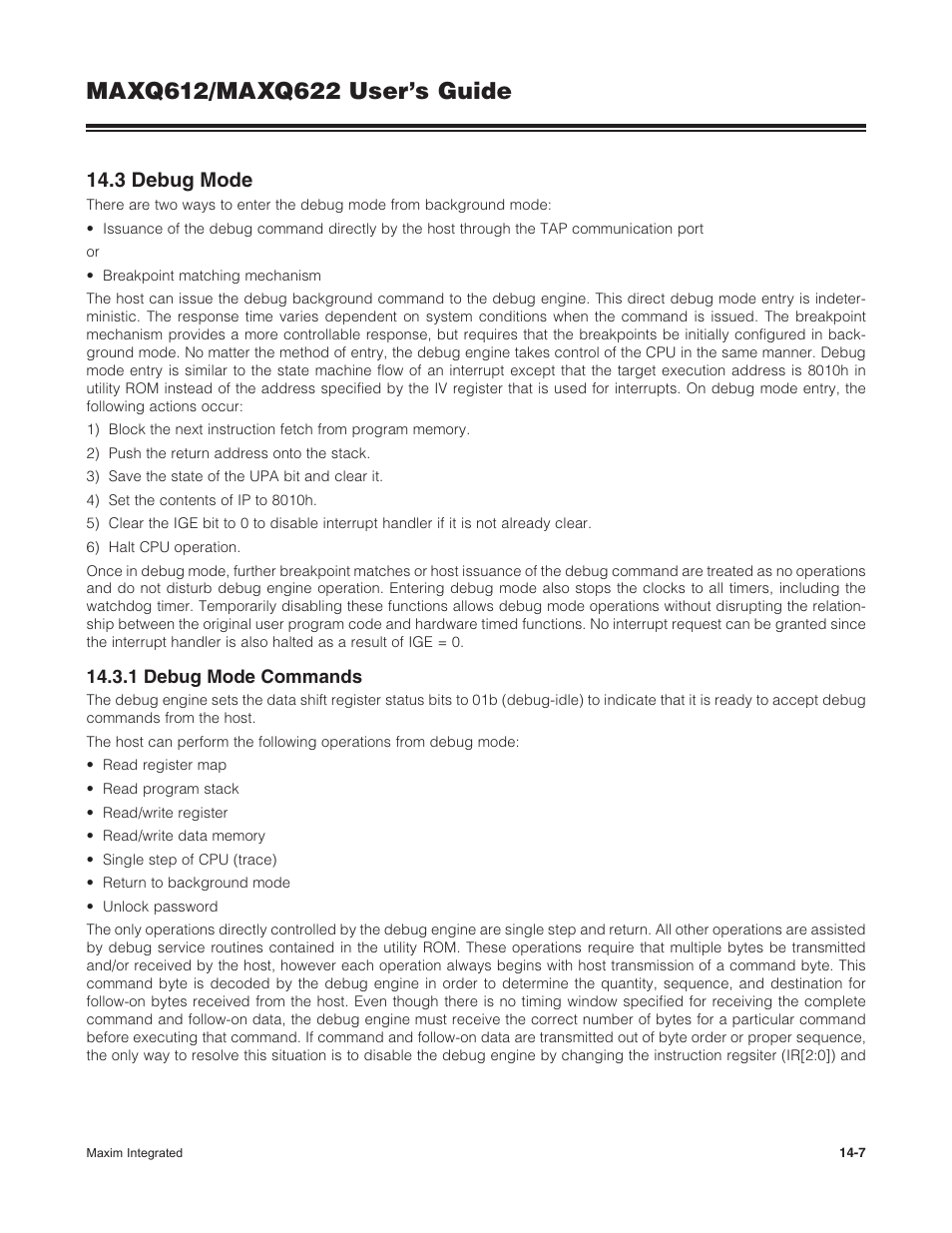 3 debug mode, 1 debug mode commands, 14 .3 debug mode -7 | 14 .3 .1 debug mode commands -7 | Maxim Integrated MAXQ622 User Manual | Page 201 / 255