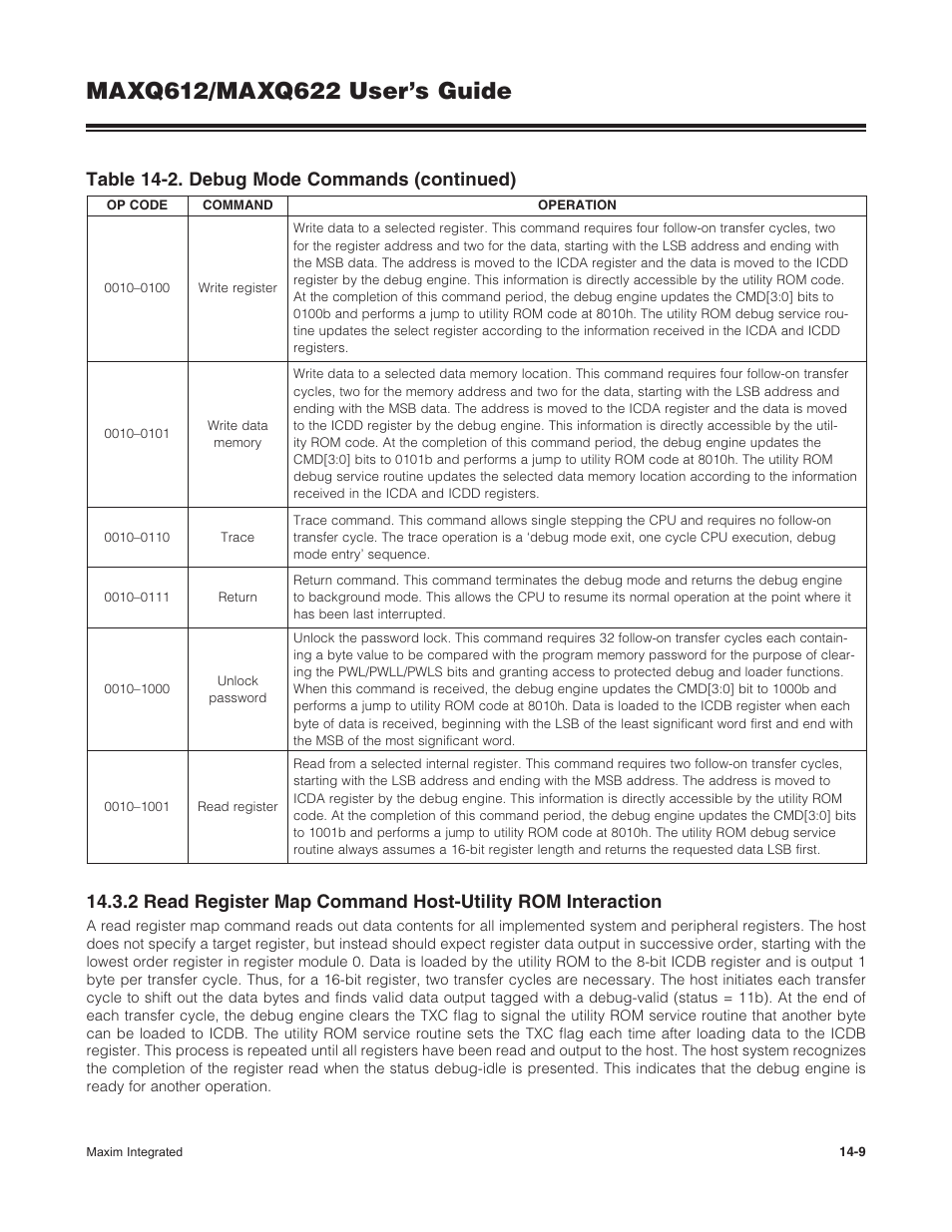 Table 14-2. debug mode commands (continued) | Maxim Integrated MAXQ622 User Manual | Page 203 / 255