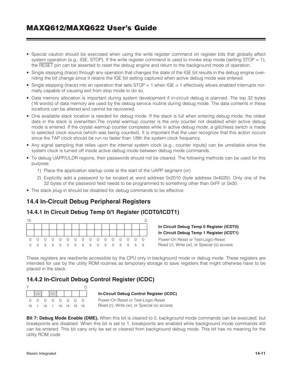 4 in-circuit debug peripheral registers, 1 in circuit debug temp 0/1 register (icdt0/icdt1), 2 in-circuit debug control register (icdc) | 14 .4 in-circuit debug peripheral registers -11 | Maxim Integrated MAXQ622 User Manual | Page 205 / 255