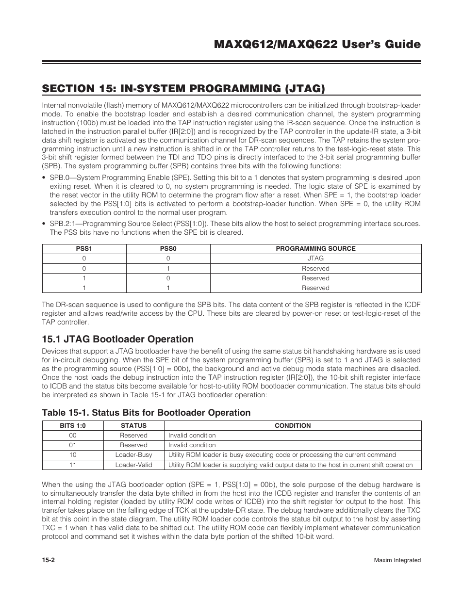 1 jtag bootloader operation, 15 .1 jtag bootloader operation -2, Table 15-1. status bits for bootloader operation | Maxim Integrated MAXQ622 User Manual | Page 209 / 255