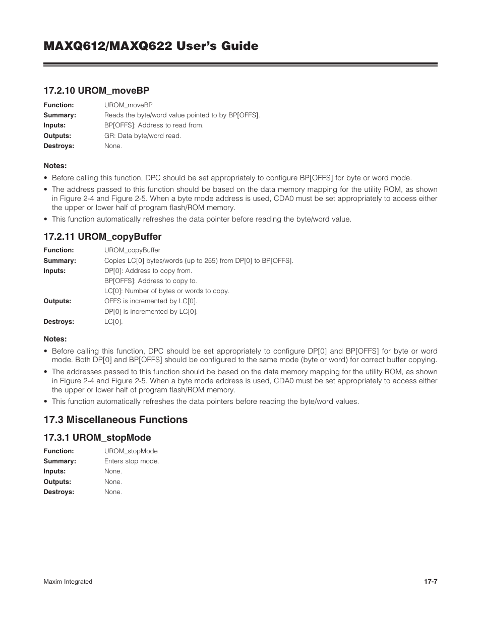 10 urom_movebp, 11 urom_copybuffer, 3 miscellaneous functions | 1 urom_stopmode, 17 .3 miscellaneous functions -7, 17 .3 .1 urom_stopmode -7 | Maxim Integrated MAXQ622 User Manual | Page 243 / 255