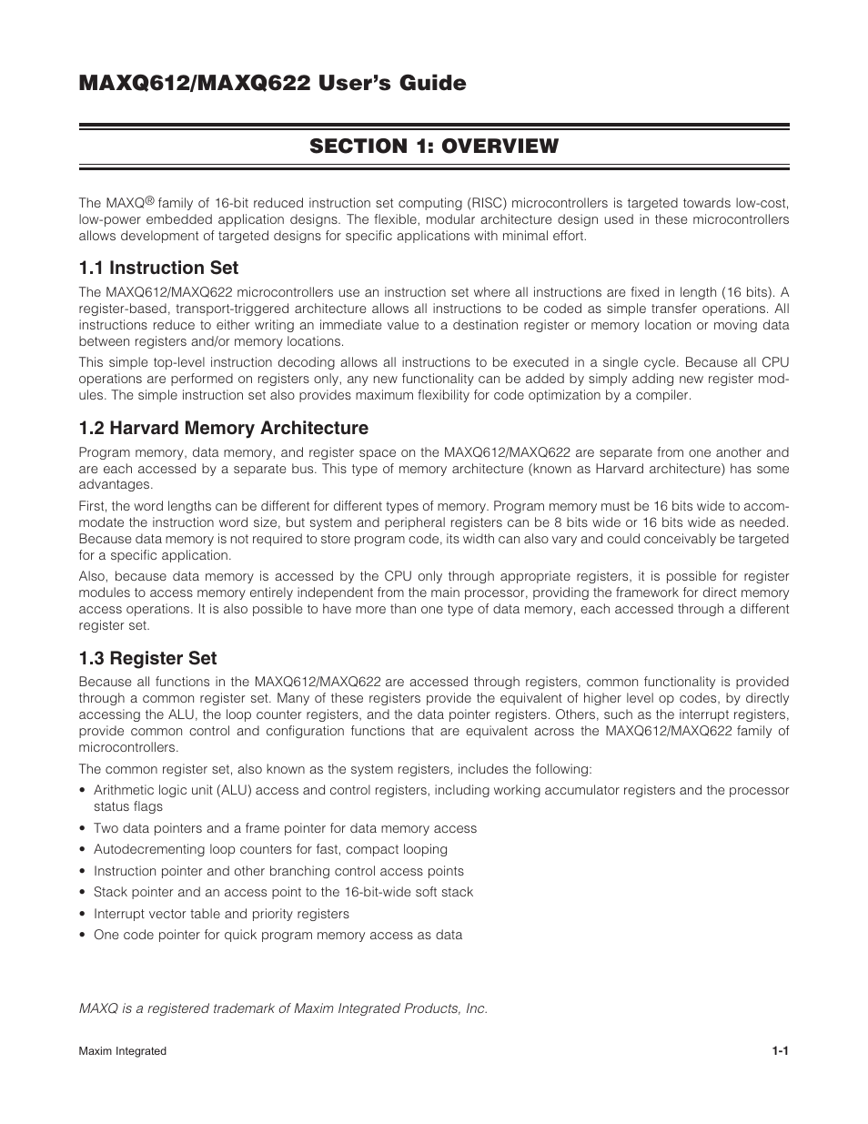 Section 1: overview, Section 1: overview -1, 1 instruction set | 3 register set | Maxim Integrated MAXQ622 User Manual | Page 3 / 255