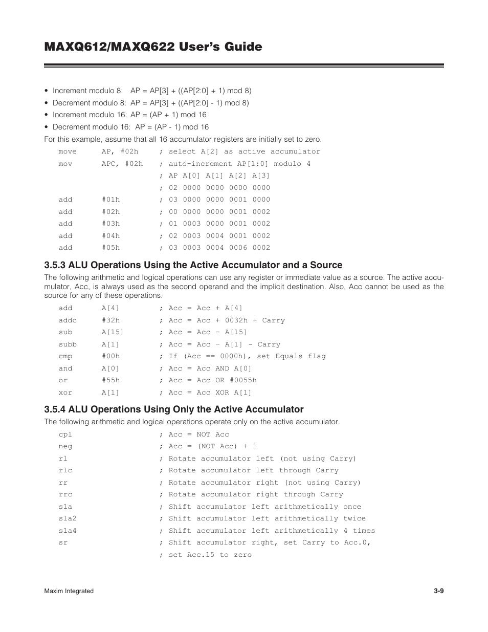 4 alu operations using only the active accumulator | Maxim Integrated MAXQ622 User Manual | Page 45 / 255