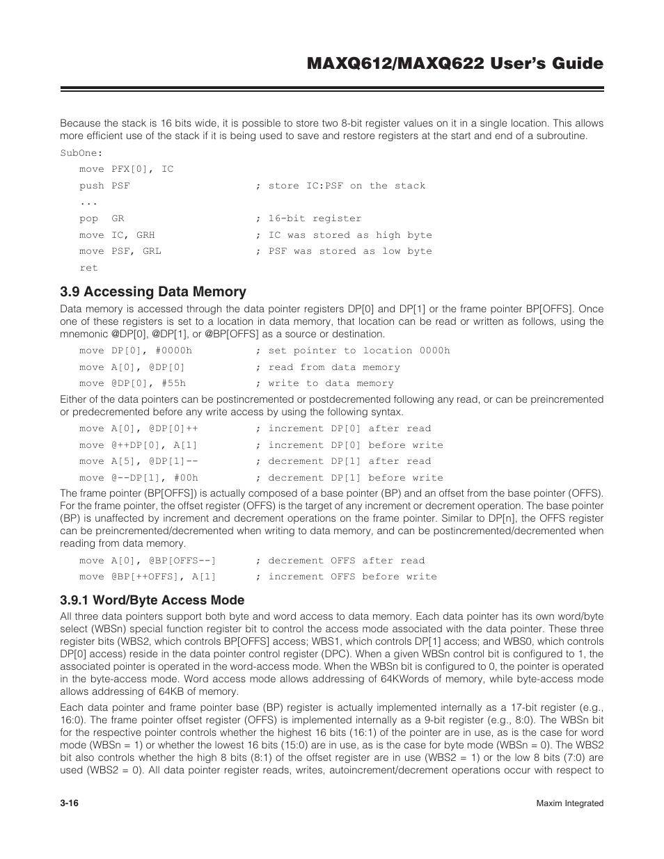 9 accessing data memory, 1 word/byte access mode, 3 .9 accessing data memory -16 | 3 .9 .1 word/byte access mode -16 | Maxim Integrated MAXQ622 User Manual | Page 52 / 255