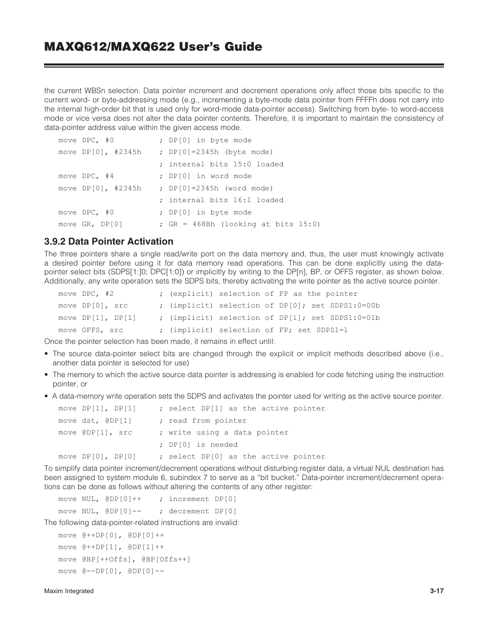 2 data pointer activation, 3 .9 .2 data pointer activation -17 | Maxim Integrated MAXQ622 User Manual | Page 53 / 255