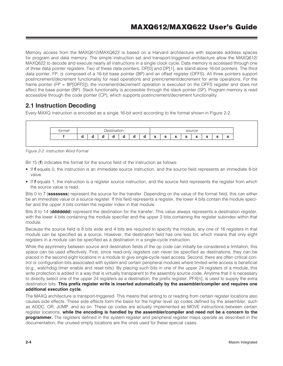 1 instruction decoding, 2 .1 instruction decoding -4, Figure 2-2 . instruction word format -4 | Maxim Integrated MAXQ622 User Manual | Page 8 / 255