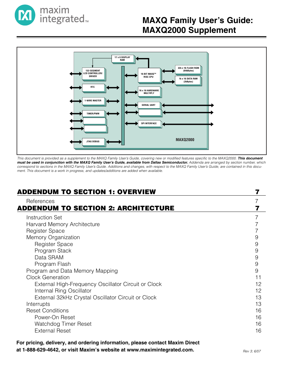 Maxim Integrated MAXQ Family Users Guide: MAXQ2000 Supplement User Manual | 93 pages