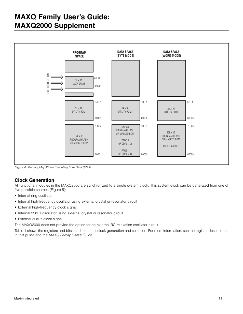 Figure 4: memory map when executing from data sram, Clock generation, Figure 4. memory map when executing from data sram | Maxq family user’s guide: maxq2000 supplement | Maxim Integrated MAXQ Family Users Guide: MAXQ2000 Supplement User Manual | Page 11 / 93