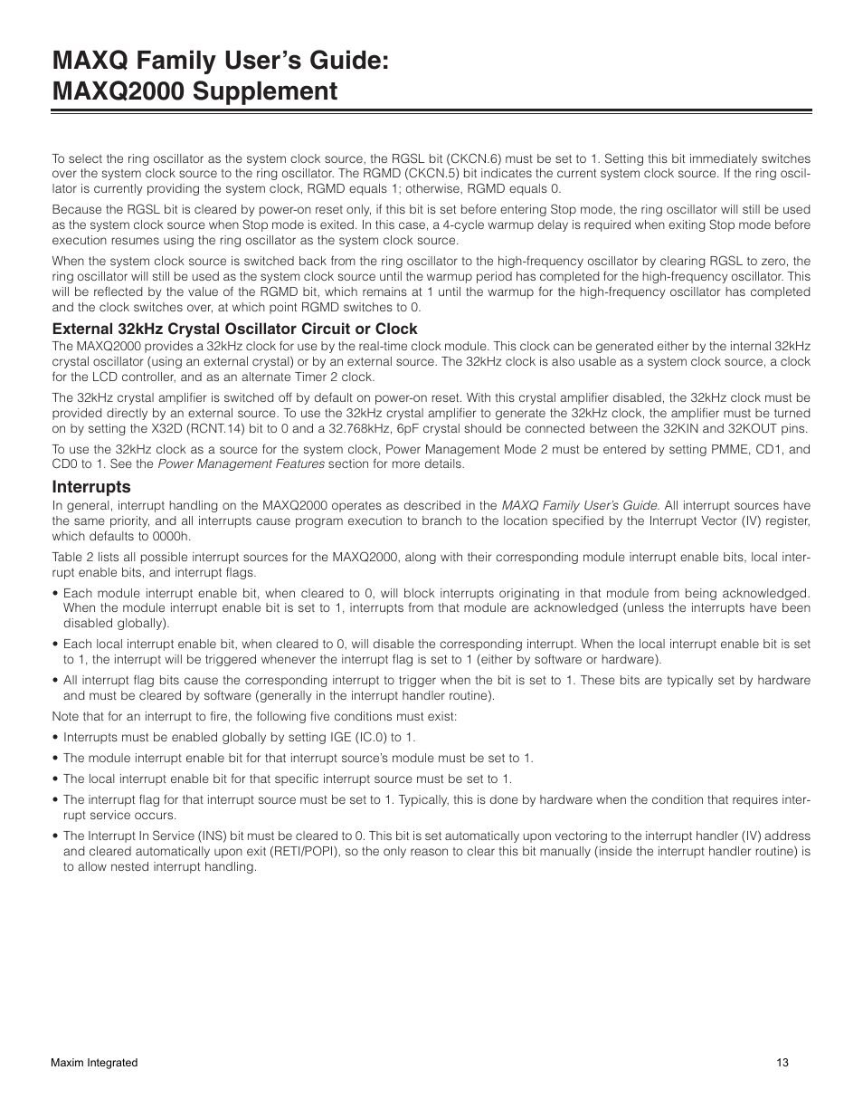 External 32khz crystal oscillator circuit or clock, Interrupts, Maxq family user’s guide: maxq2000 supplement | Maxim Integrated MAXQ Family Users Guide: MAXQ2000 Supplement User Manual | Page 13 / 93