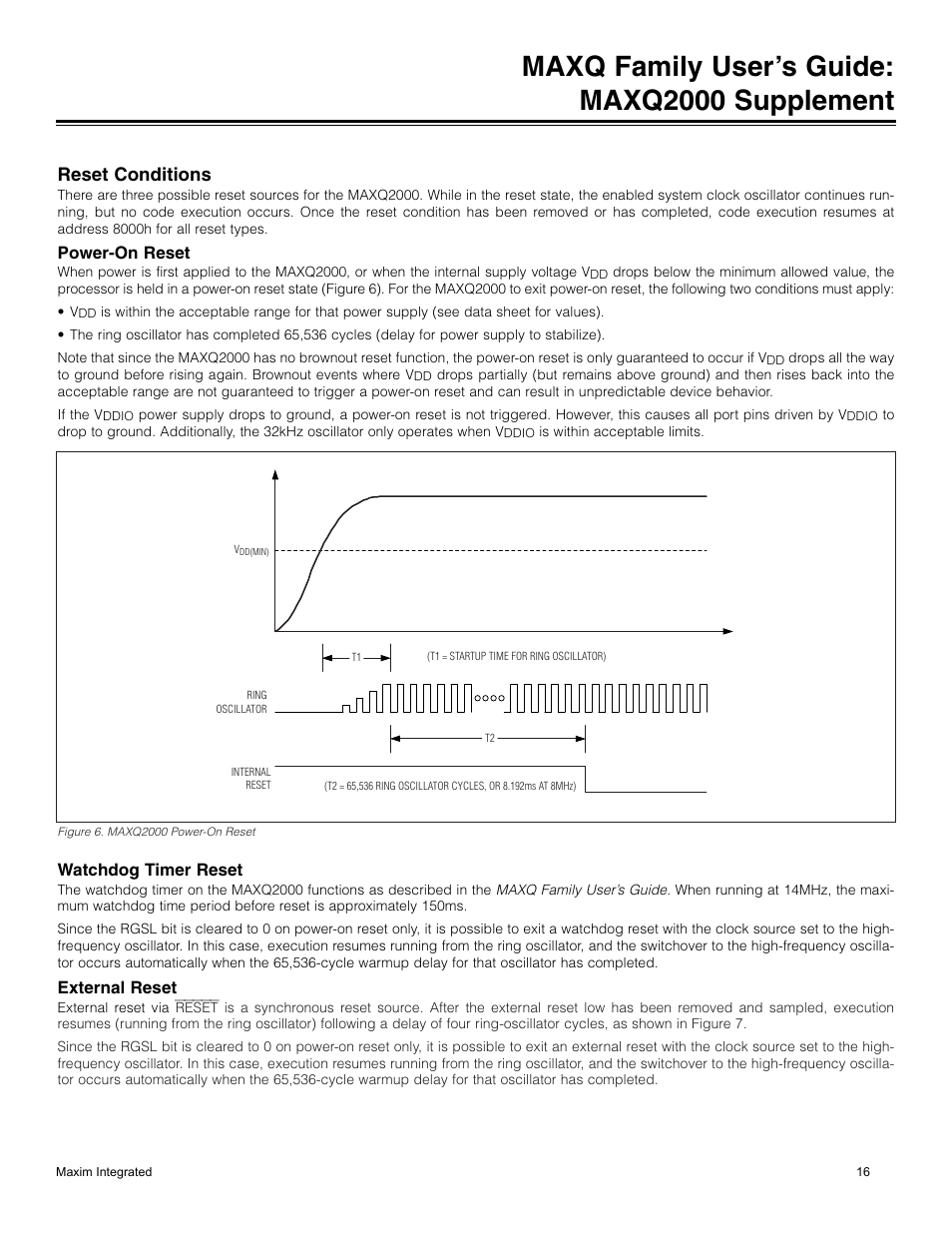 Reset conditions, Power-on reset, Watchdog timer reset | External reset, Figure 6. maxq2000 power-on reset, Maxq family user’s guide: maxq2000 supplement | Maxim Integrated MAXQ Family Users Guide: MAXQ2000 Supplement User Manual | Page 16 / 93