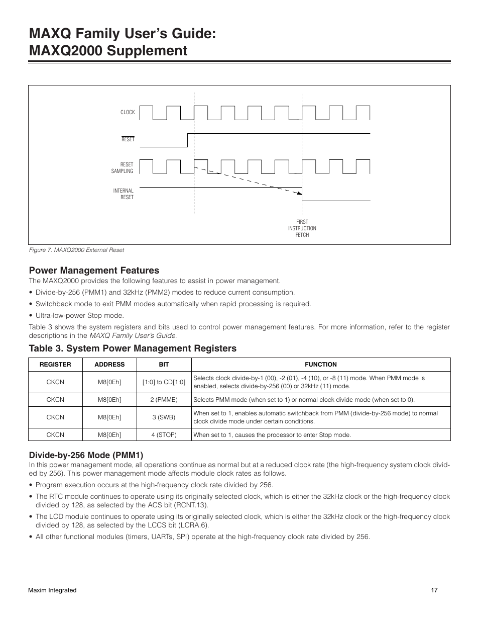 Figure 7. maxq2000 external reset, Table 3. system power management registers, Power management features | Divide-by-256 mode (pmm1), Maxq family user’s guide: maxq2000 supplement | Maxim Integrated MAXQ Family Users Guide: MAXQ2000 Supplement User Manual | Page 17 / 93