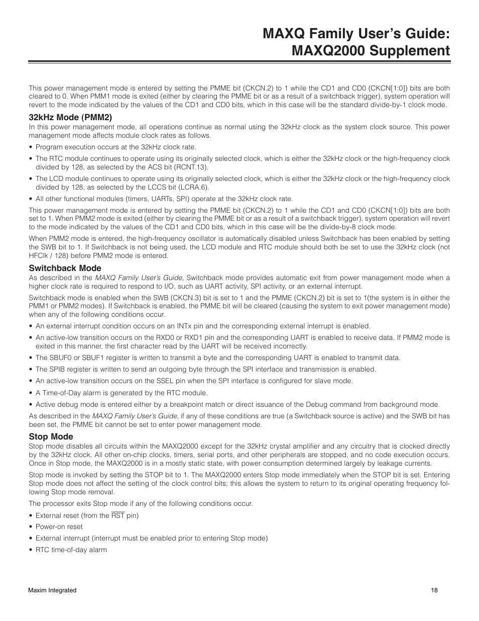 32khz mode (pmm2), Switchback mode, Stop mode | Maxq family user’s guide: maxq2000 supplement | Maxim Integrated MAXQ Family Users Guide: MAXQ2000 Supplement User Manual | Page 18 / 93