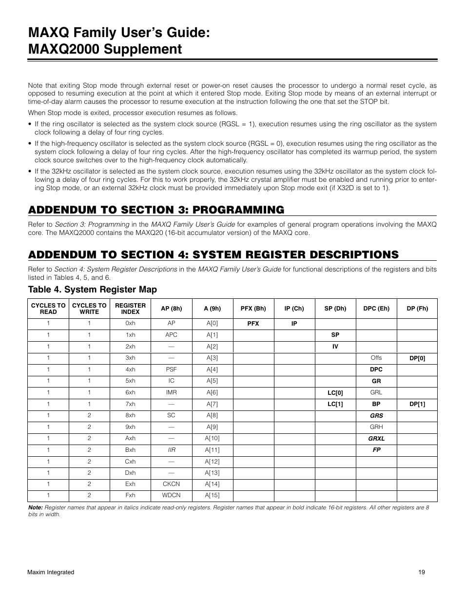 Addendum to section 3: programming, Table 4. system register map, Maxq family user’s guide: maxq2000 supplement | Maxim Integrated MAXQ Family Users Guide: MAXQ2000 Supplement User Manual | Page 19 / 93