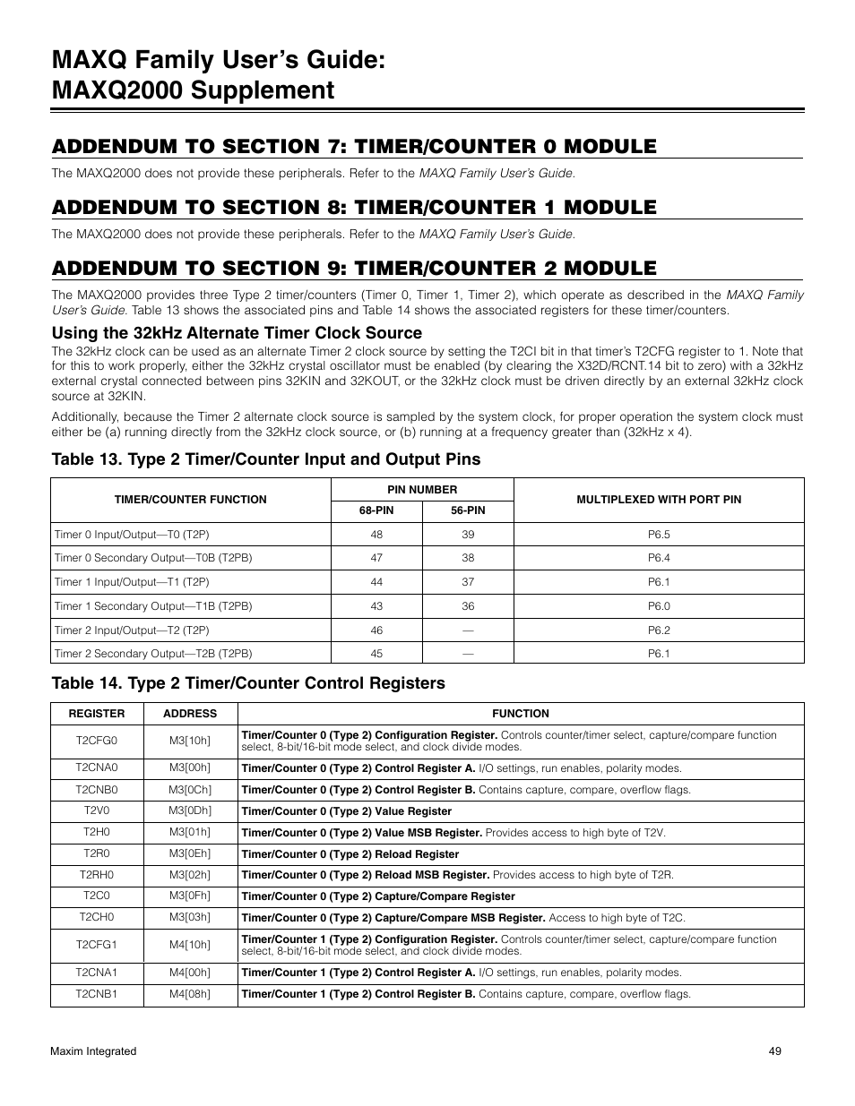 Addendum to section 7: timer/counter 0 module, Addendum to section 8: timer/counter 1 module, Addendum to section 9: timer/counter 2 module | Table 14. type 2 timer/counter control registers, Maxq family user’s guide: maxq2000 supplement, Using the 32khz alternate timer clock source | Maxim Integrated MAXQ Family Users Guide: MAXQ2000 Supplement User Manual | Page 49 / 93