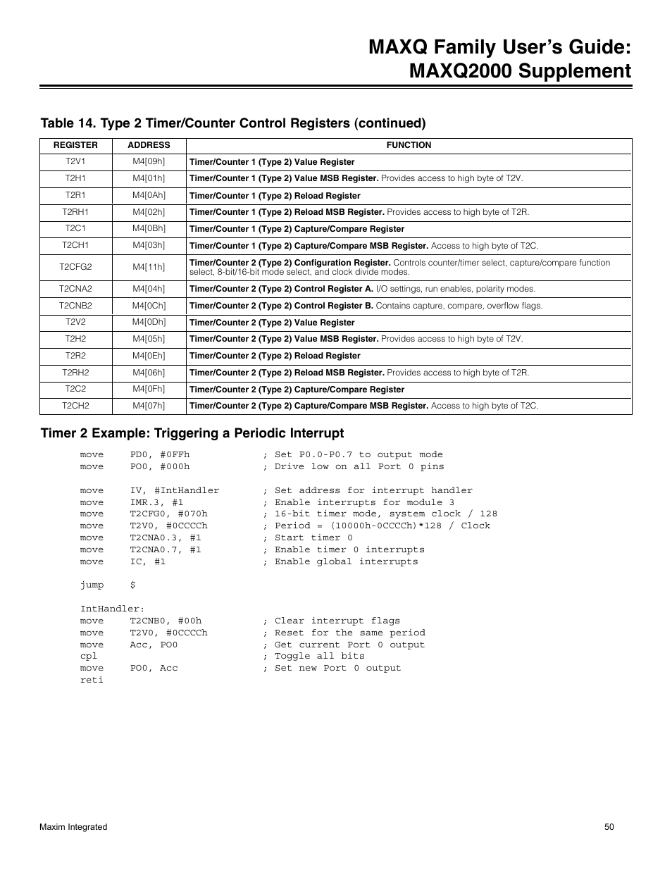 Timer 2 example: triggering a periodic interrupt, Using the 32khz alternate timer clock source, Maxq family user’s guide: maxq2000 supplement | Maxim Integrated MAXQ Family Users Guide: MAXQ2000 Supplement User Manual | Page 50 / 93