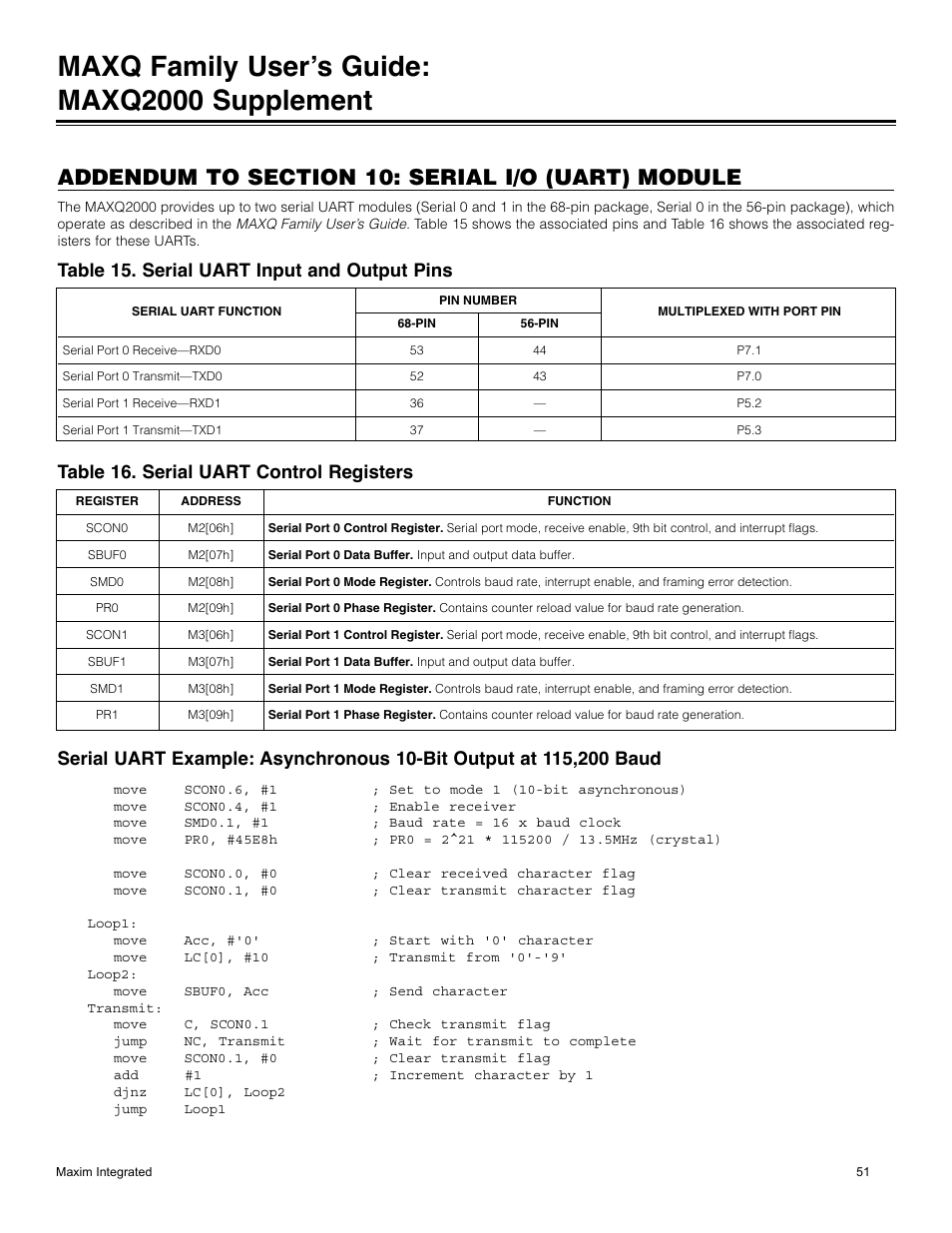 Addendum to section 10: serial i/o module, Table 15. serial uart input and output pins, Table 16. serial uart control registers | Addendum to section 10: serial i/o (uart) module, Maxq family user’s guide: maxq2000 supplement | Maxim Integrated MAXQ Family Users Guide: MAXQ2000 Supplement User Manual | Page 51 / 93