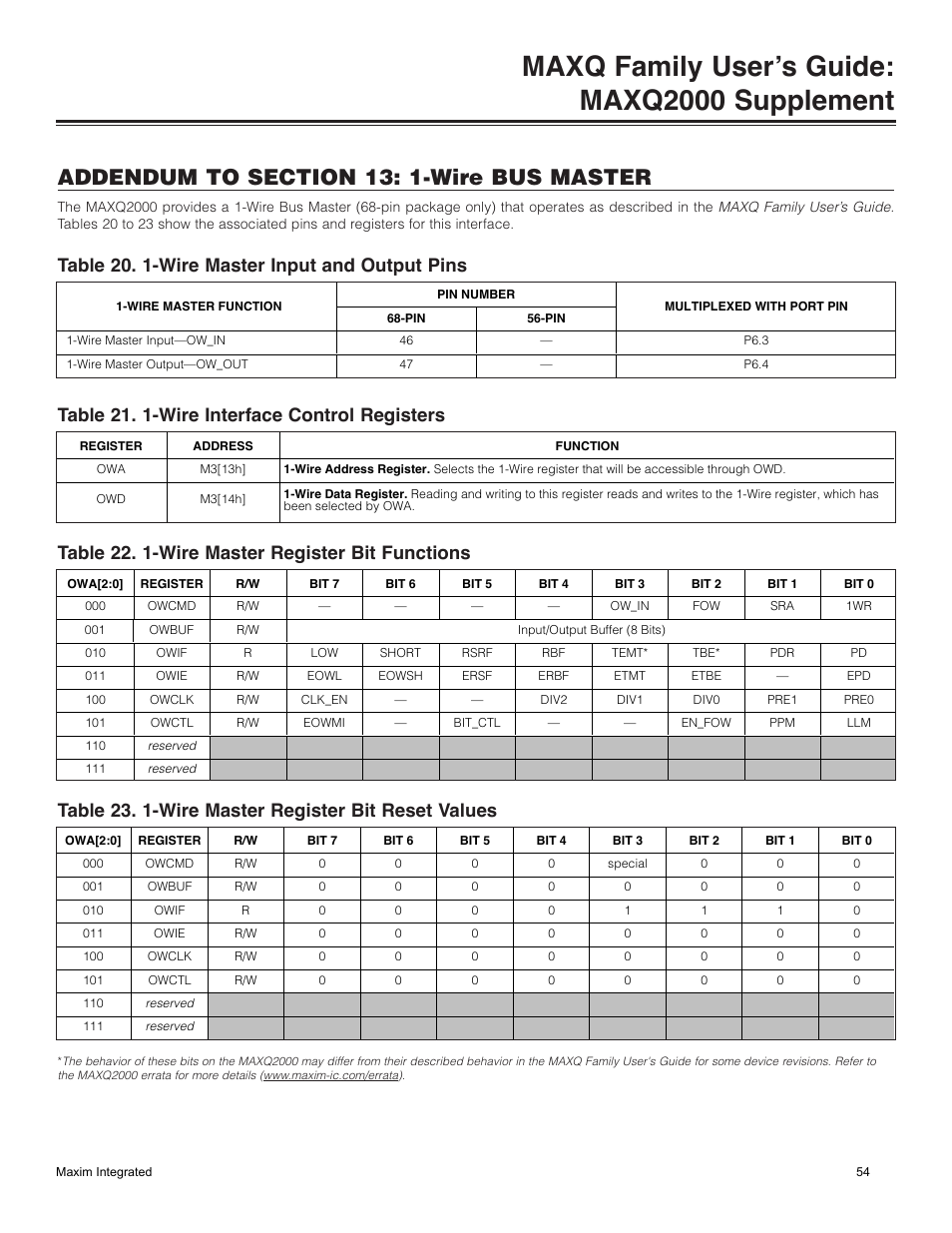 Addendum to section 13: 1-wire bus master, Table 20. 1-wire master input and output pins, Table 21. 1-wire interface control registers | Table 22. 1-wire master register bit functions, Table 23. 1-wire master bit reset values, Table 23. 1-wire master register bit reset values, Maxq family user’s guide: maxq2000 supplement | Maxim Integrated MAXQ Family Users Guide: MAXQ2000 Supplement User Manual | Page 54 / 93