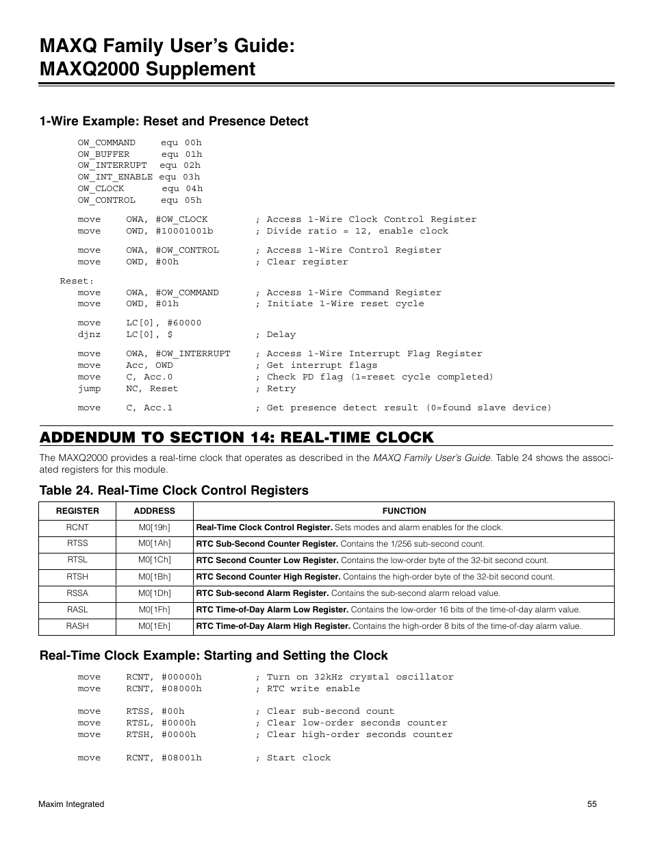 Wire example: reset and presence detect, Addendum to section 14: real-time clock module, Table 24. real-time clock control registers | Maxq family user’s guide: maxq2000 supplement | Maxim Integrated MAXQ Family Users Guide: MAXQ2000 Supplement User Manual | Page 55 / 93