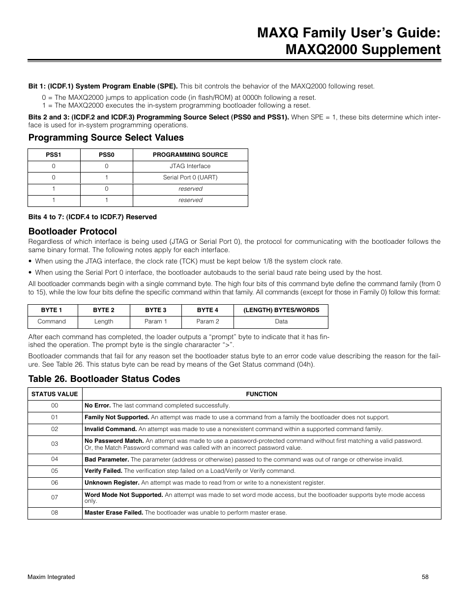 Bootload protocol, Table 26. bootloader status codes, Bootloader protocol | Maxq family user’s guide: maxq2000 supplement, Programming source select values | Maxim Integrated MAXQ Family Users Guide: MAXQ2000 Supplement User Manual | Page 58 / 93