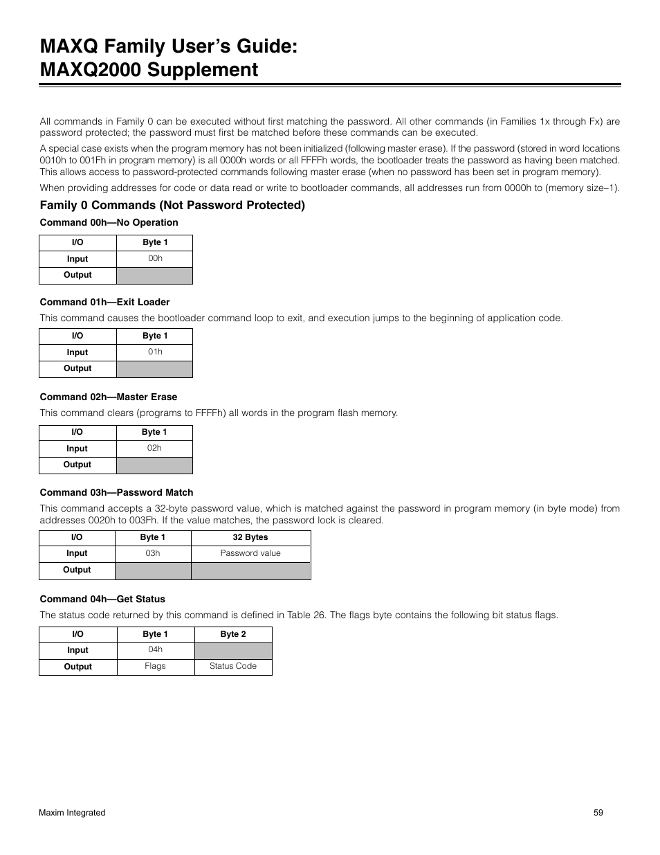 Family 0 commands (not password protected), Maxq family user’s guide: maxq2000 supplement | Maxim Integrated MAXQ Family Users Guide: MAXQ2000 Supplement User Manual | Page 59 / 93