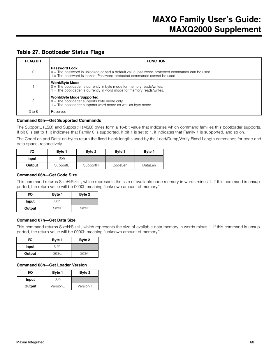 Table 27. bootloader status flags, Maxq family user’s guide: maxq2000 supplement | Maxim Integrated MAXQ Family Users Guide: MAXQ2000 Supplement User Manual | Page 60 / 93
