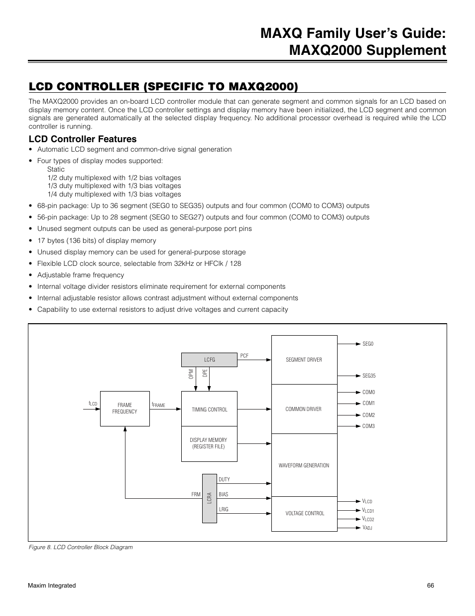 Lcd controller (specific to maxq200), Lcd controller features, Figure 8. lcd controller block diagram | Lcd controller (specific to maxq2000), Maxq family user’s guide: maxq2000 supplement | Maxim Integrated MAXQ Family Users Guide: MAXQ2000 Supplement User Manual | Page 66 / 93