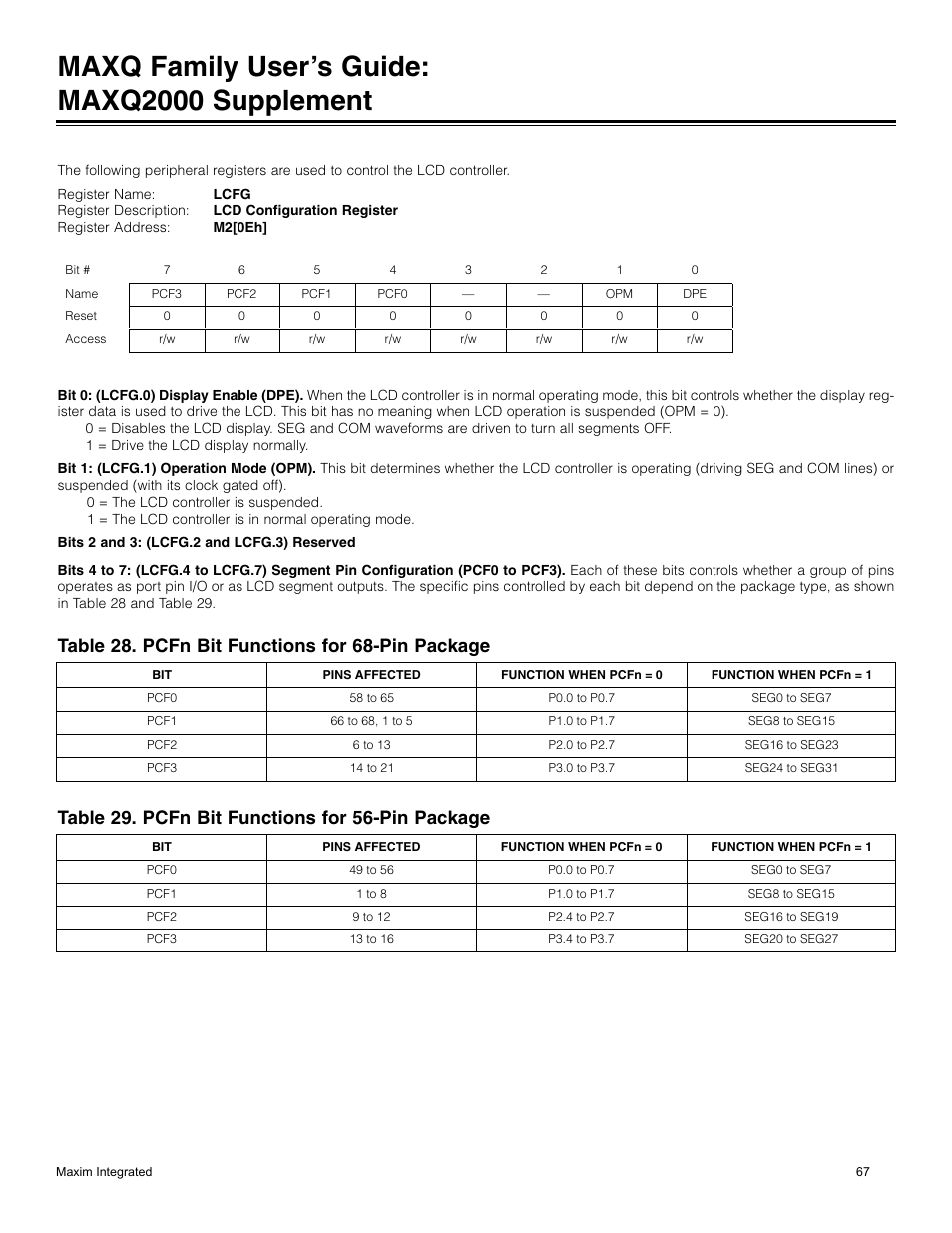 Table 28. pcfn bit functions for 68-pin package, Table 29. pcfn bit functions for 56-pin package, Maxq family user’s guide: maxq2000 supplement | Maxim Integrated MAXQ Family Users Guide: MAXQ2000 Supplement User Manual | Page 67 / 93