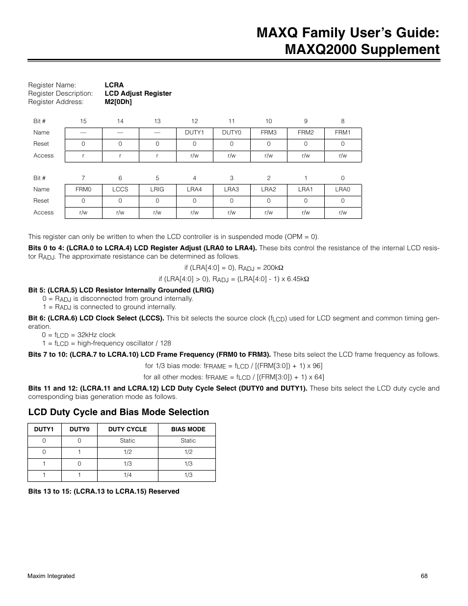 Maxq family user’s guide: maxq2000 supplement, Lcd duty cycle and bias mode selection | Maxim Integrated MAXQ Family Users Guide: MAXQ2000 Supplement User Manual | Page 68 / 93