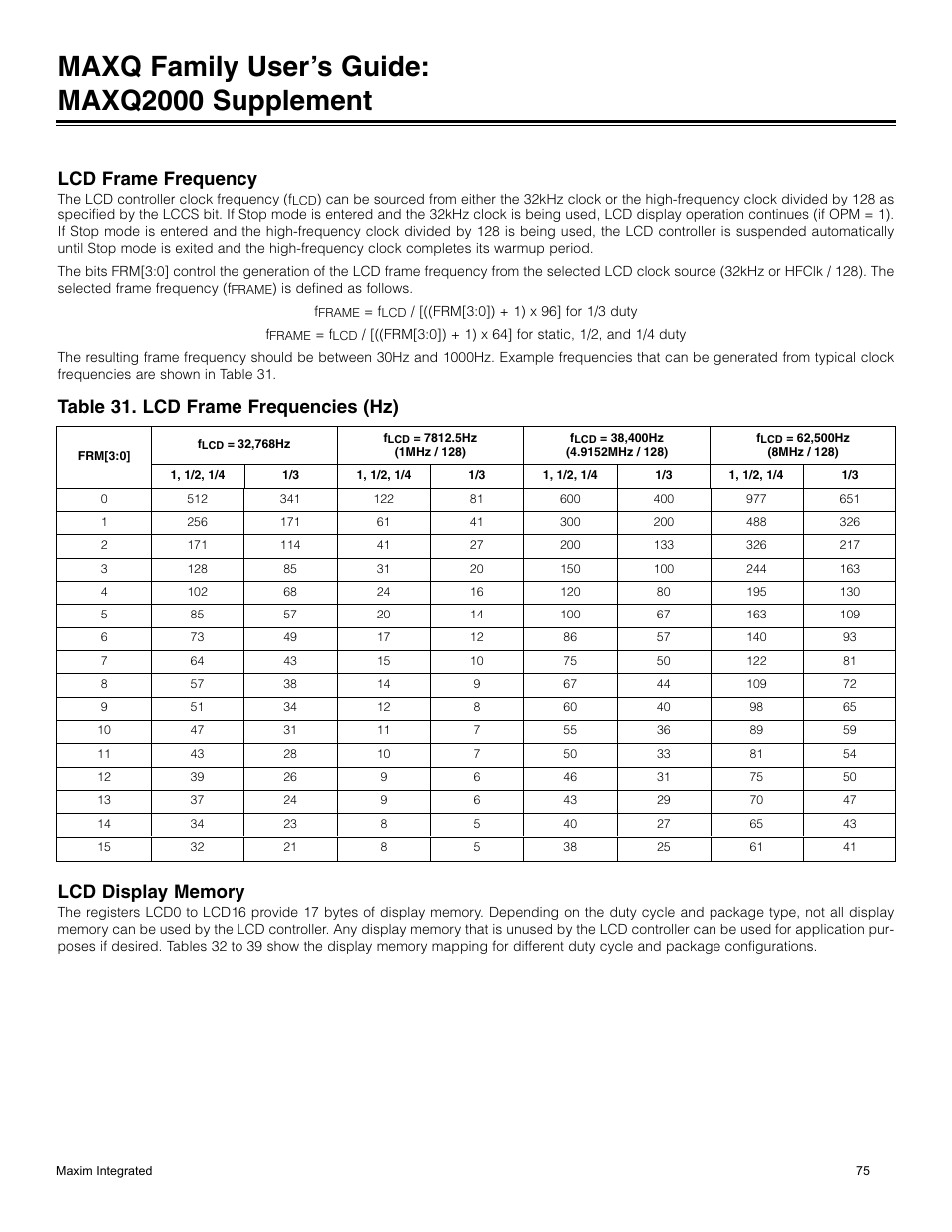 Lcd frame frequency, Table 31. lcd frame frequencies (hz), Lcd display memory | Maxq family user’s guide: maxq2000 supplement | Maxim Integrated MAXQ Family Users Guide: MAXQ2000 Supplement User Manual | Page 75 / 93