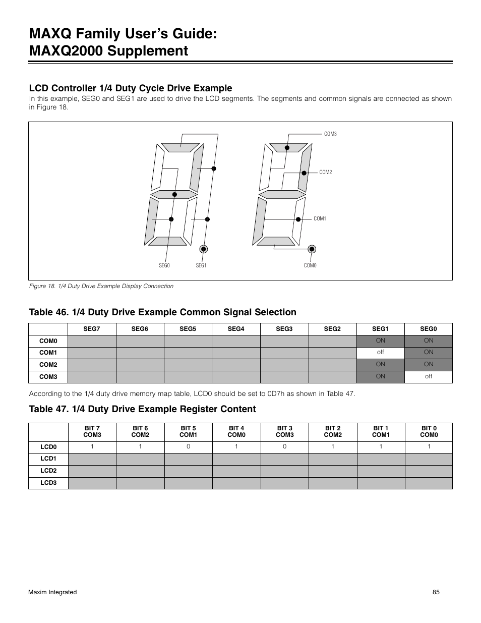 Lcd controller 1/4 duty cycle drive example, Table 47. 1/4 duty drive example register content, Maxq family user’s guide: maxq2000 supplement | Maxim Integrated MAXQ Family Users Guide: MAXQ2000 Supplement User Manual | Page 85 / 93
