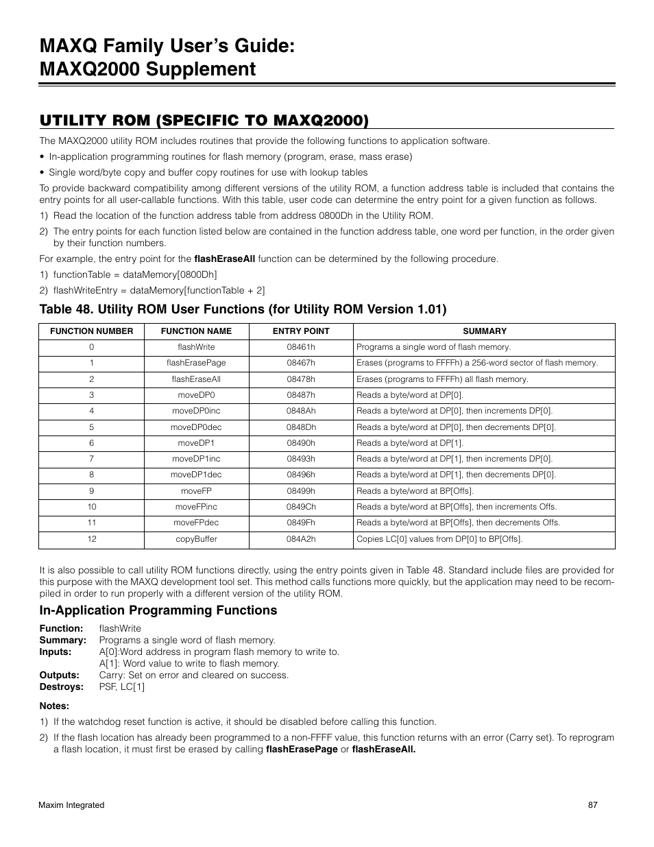 Utility rom (specific to maxq2000), In-application programming features, Maxq family user’s guide: maxq2000 supplement | In-application programming functions | Maxim Integrated MAXQ Family Users Guide: MAXQ2000 Supplement User Manual | Page 87 / 93