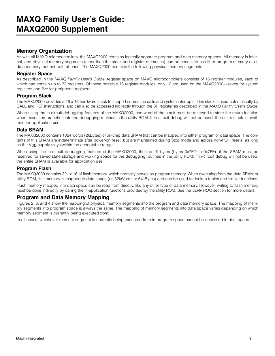 Memory organization, Register space, Program stack | Data sram, Program flash, Program and data memory mapping, Maxq family user’s guide: maxq2000 supplement | Maxim Integrated MAXQ Family Users Guide: MAXQ2000 Supplement User Manual | Page 9 / 93