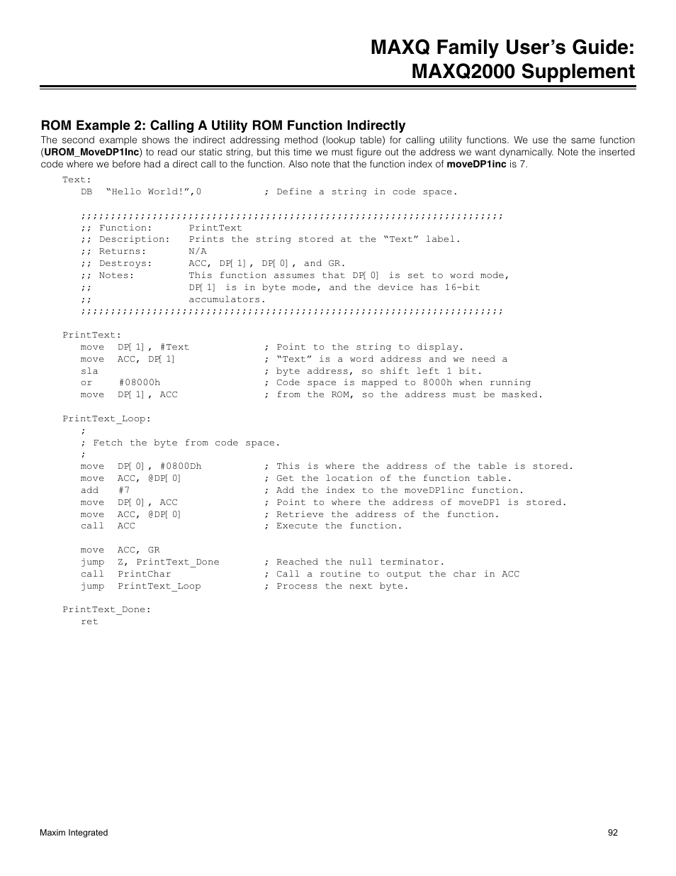 Revision history, Maxq family user’s guide: maxq2000 supplement | Maxim Integrated MAXQ Family Users Guide: MAXQ2000 Supplement User Manual | Page 92 / 93