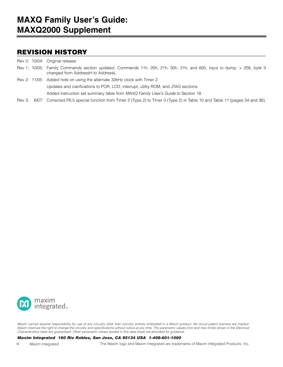 Revision history, Maxq family user’s guide: maxq2000 supplement | Maxim Integrated MAXQ Family Users Guide: MAXQ2000 Supplement User Manual | Page 93 / 93