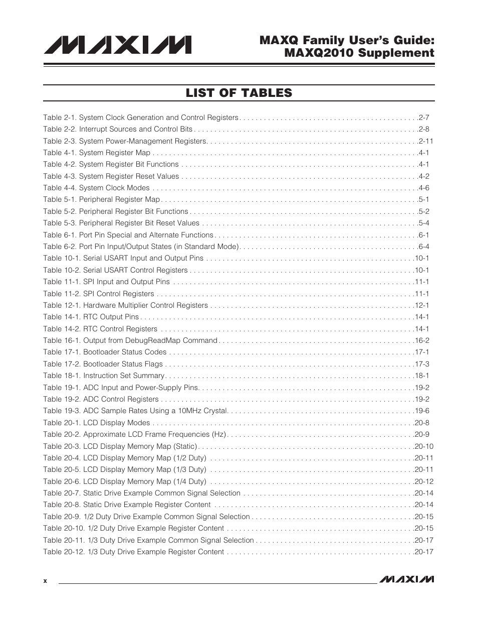 Maxq family user’s guide: maxq2010 supplement, List of tables | Maxim Integrated MAXQ Family Users Guide: MAXQ2010 Supplement User Manual | Page 10 / 147