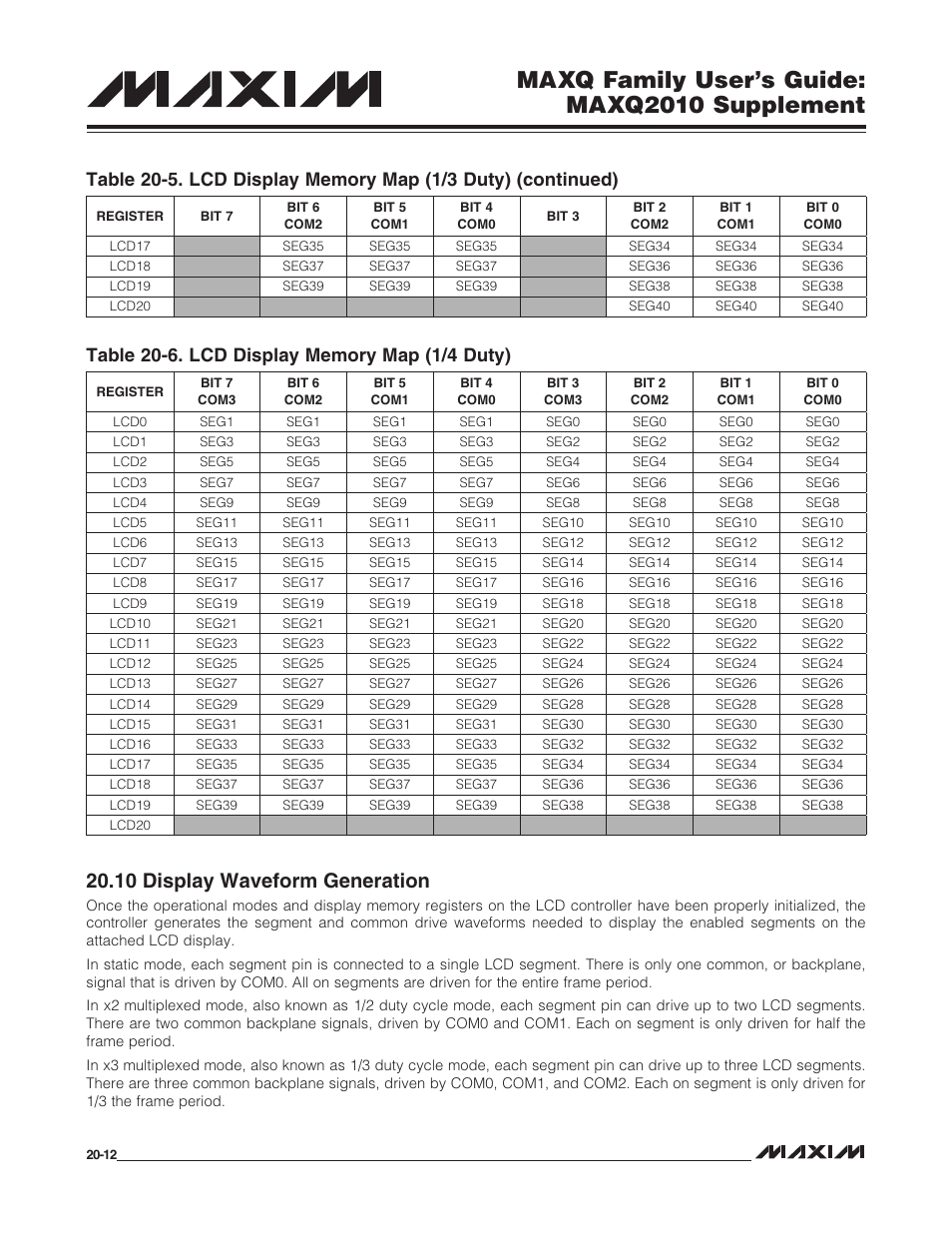 10 display waveform generation, 10 display waveform generation -12, Table 20-6. lcd display memory map (1/4 duty) -12 | Maxq family user’s guide: maxq2010 supplement | Maxim Integrated MAXQ Family Users Guide: MAXQ2010 Supplement User Manual | Page 104 / 147