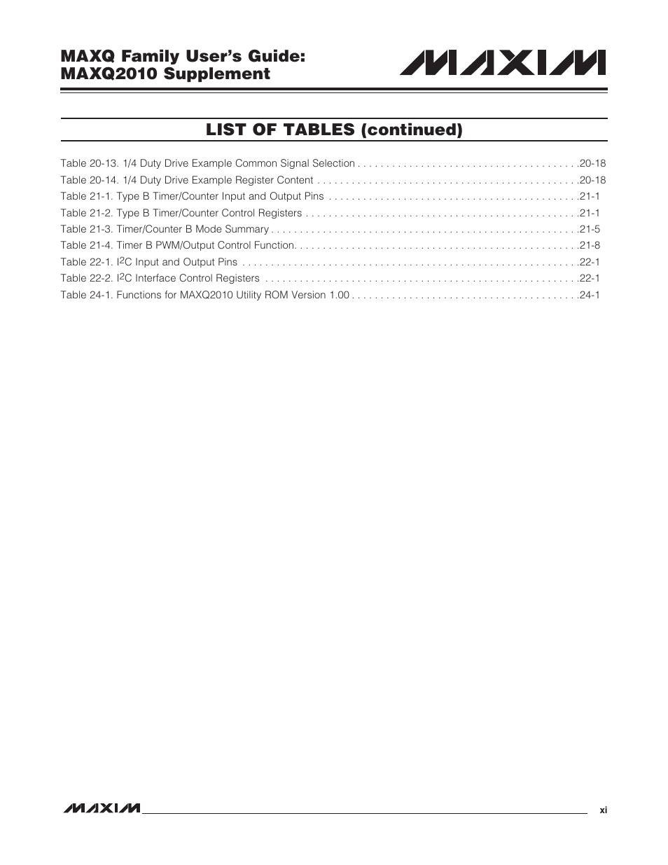 Maxq family user’s guide: maxq2010 supplement, List of tables (continued) | Maxim Integrated MAXQ Family Users Guide: MAXQ2010 Supplement User Manual | Page 11 / 147