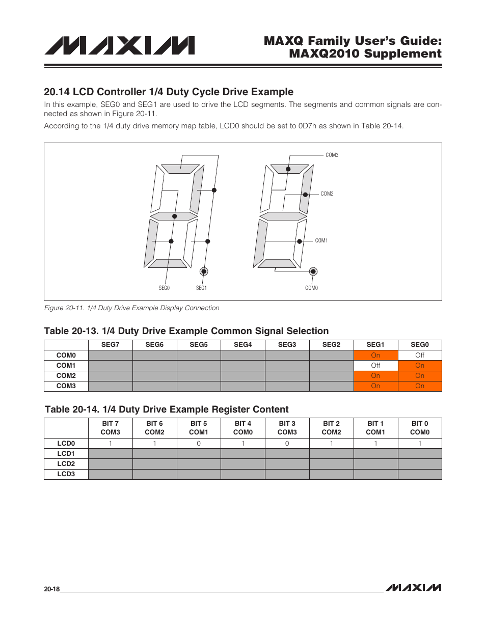 14 lcd controller 1/4 duty cycle drive example, 14 lcd controller 1/4 duty cycle drive example -18, Maxq family user’s guide: maxq2010 supplement | Maxim Integrated MAXQ Family Users Guide: MAXQ2010 Supplement User Manual | Page 110 / 147