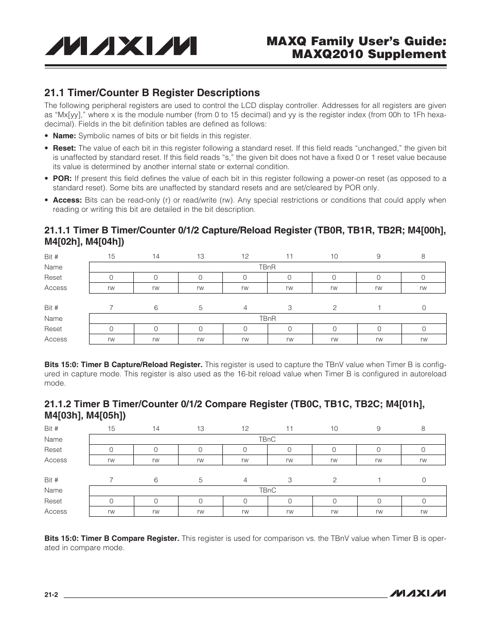 1 timer/counter b register descriptions, 1 timer/counter b register descriptions -2, Maxq family user’s guide: maxq2010 supplement | Maxim Integrated MAXQ Family Users Guide: MAXQ2010 Supplement User Manual | Page 113 / 147