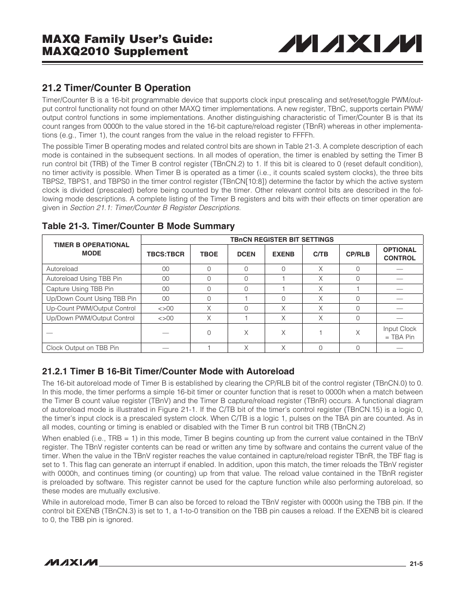 2 timer/counter b operation, 2 timer/counter b operation -5, Table 21-3. timer/counter b mode summary -5 | Maxq family user’s guide: maxq2010 supplement, Table 21-3. timer/counter b mode summary | Maxim Integrated MAXQ Family Users Guide: MAXQ2010 Supplement User Manual | Page 116 / 147