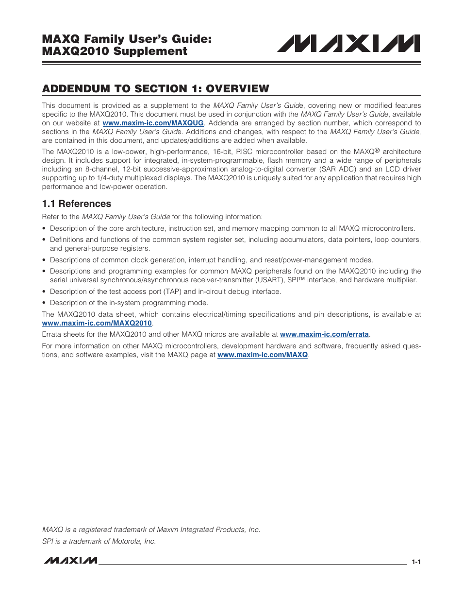 Addendum to section 1: overview, 1 references, 1 references -1 | Maxq family user’s guide: maxq2010 supplement | Maxim Integrated MAXQ Family Users Guide: MAXQ2010 Supplement User Manual | Page 12 / 147